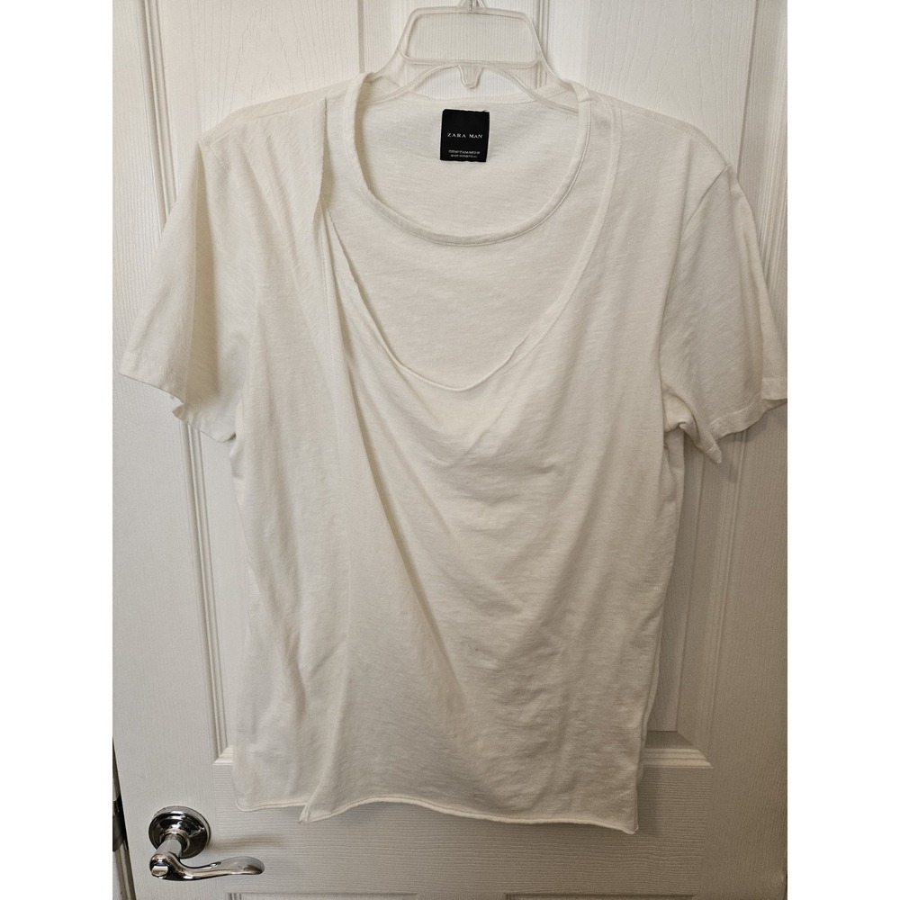 Zara Man White Cotton Blend Short Sleeve Layered T-Shirt Top Size Med.